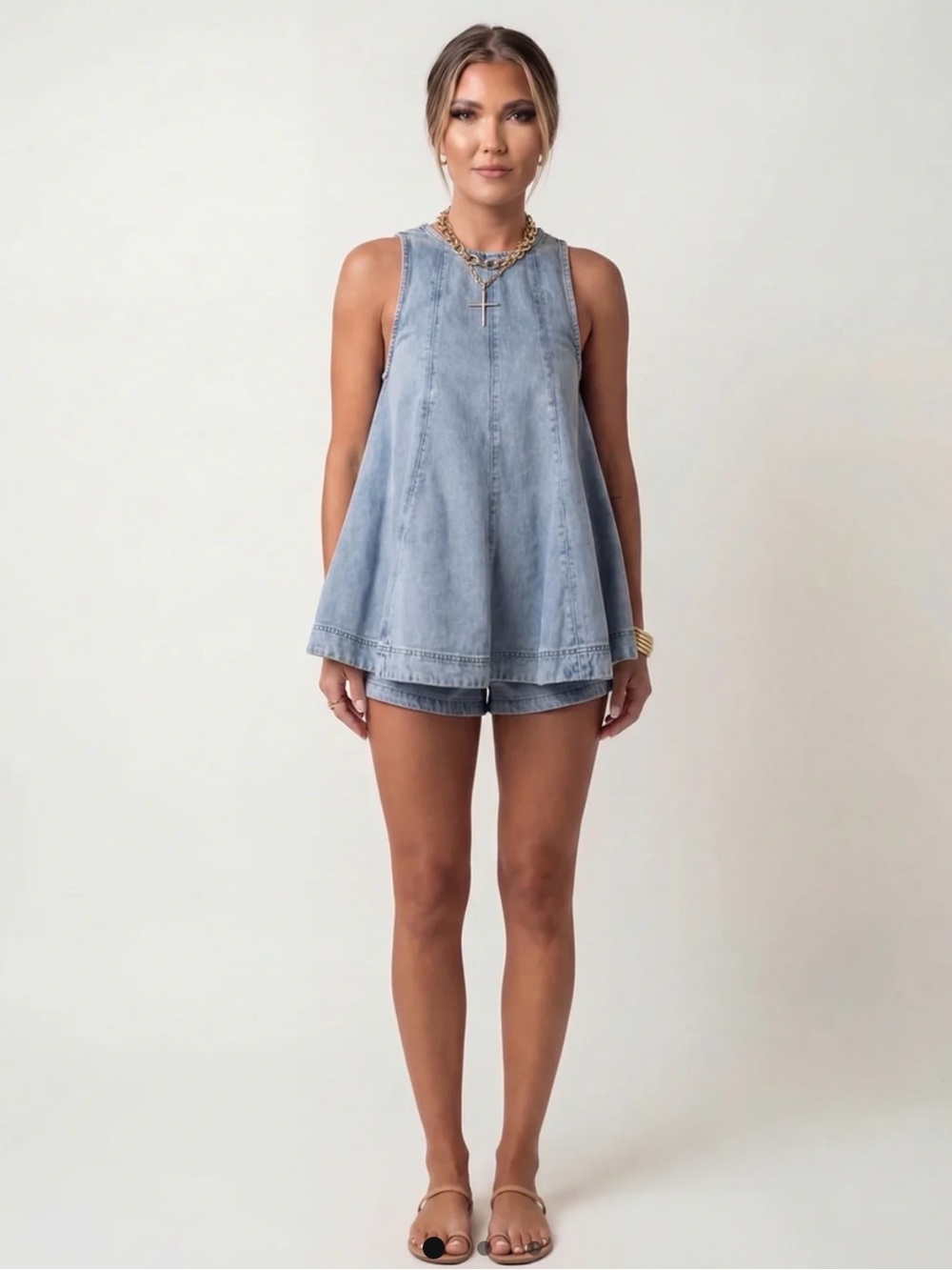Light Blue Denim Tank Romper for Women - Sleeveless Casual Set